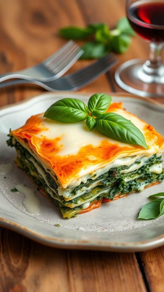 Vegetarian Kale Lasagna Recipe A slice of vegetarian kale lasagna with layers of kale, ricotta, and mozzarella on a rustic plate.